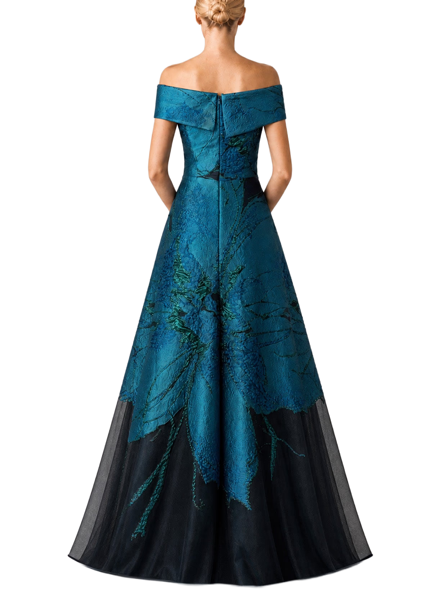 Jacquard Organza Off Shoulder A Line Gown - Teri Jon