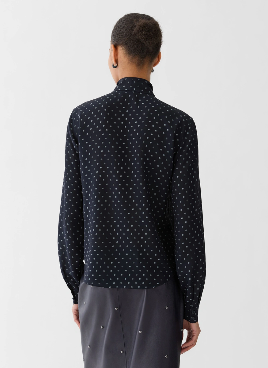 Polka Dot Print Silk Crepe De Chin Tie Neck Blouse - Lafayette 148 New York