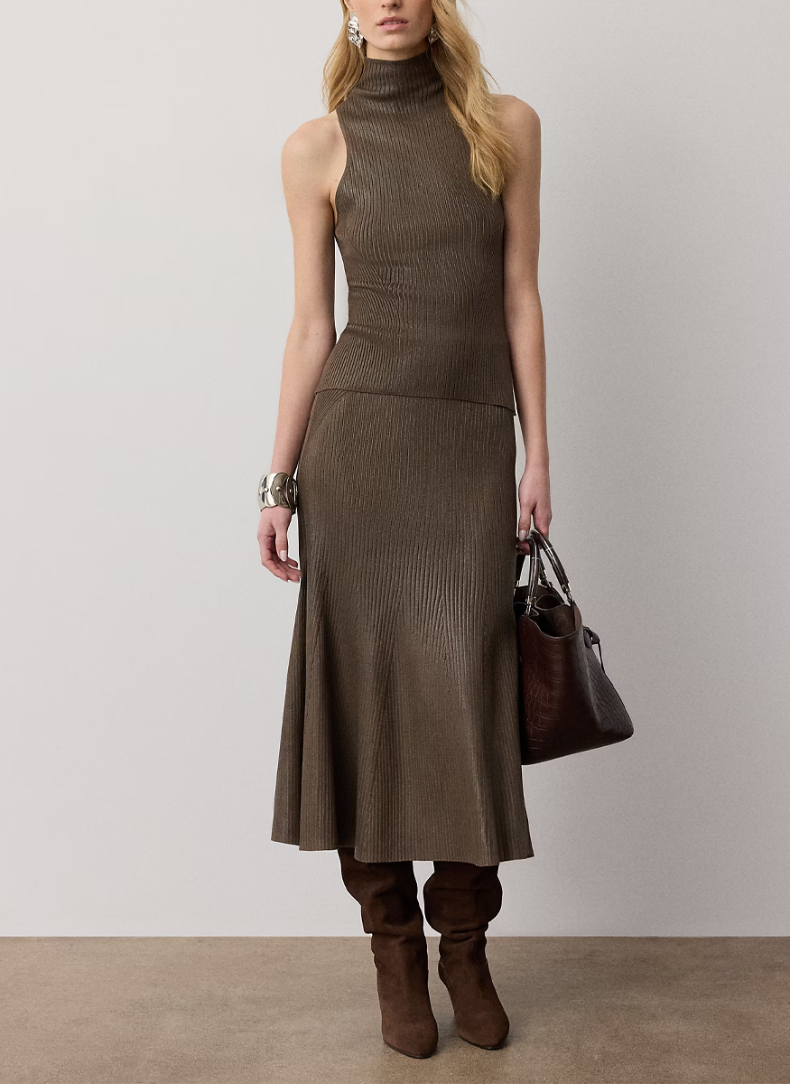 Adrianna Foiled Rib-Knit Sweater Skirt - Ralph Lauren Collection