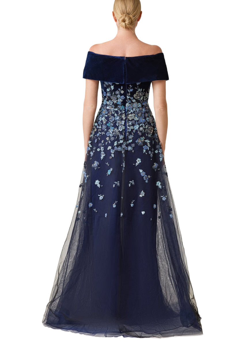 Floral Embroidered Tulle and Velvet Gown - Teri Jon