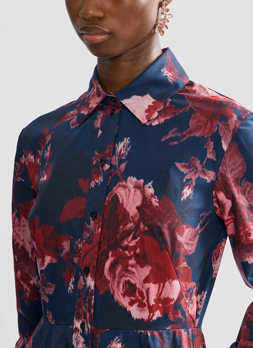 Floral Cotton Draped Long Sleeve Shirt Dress - Erdem