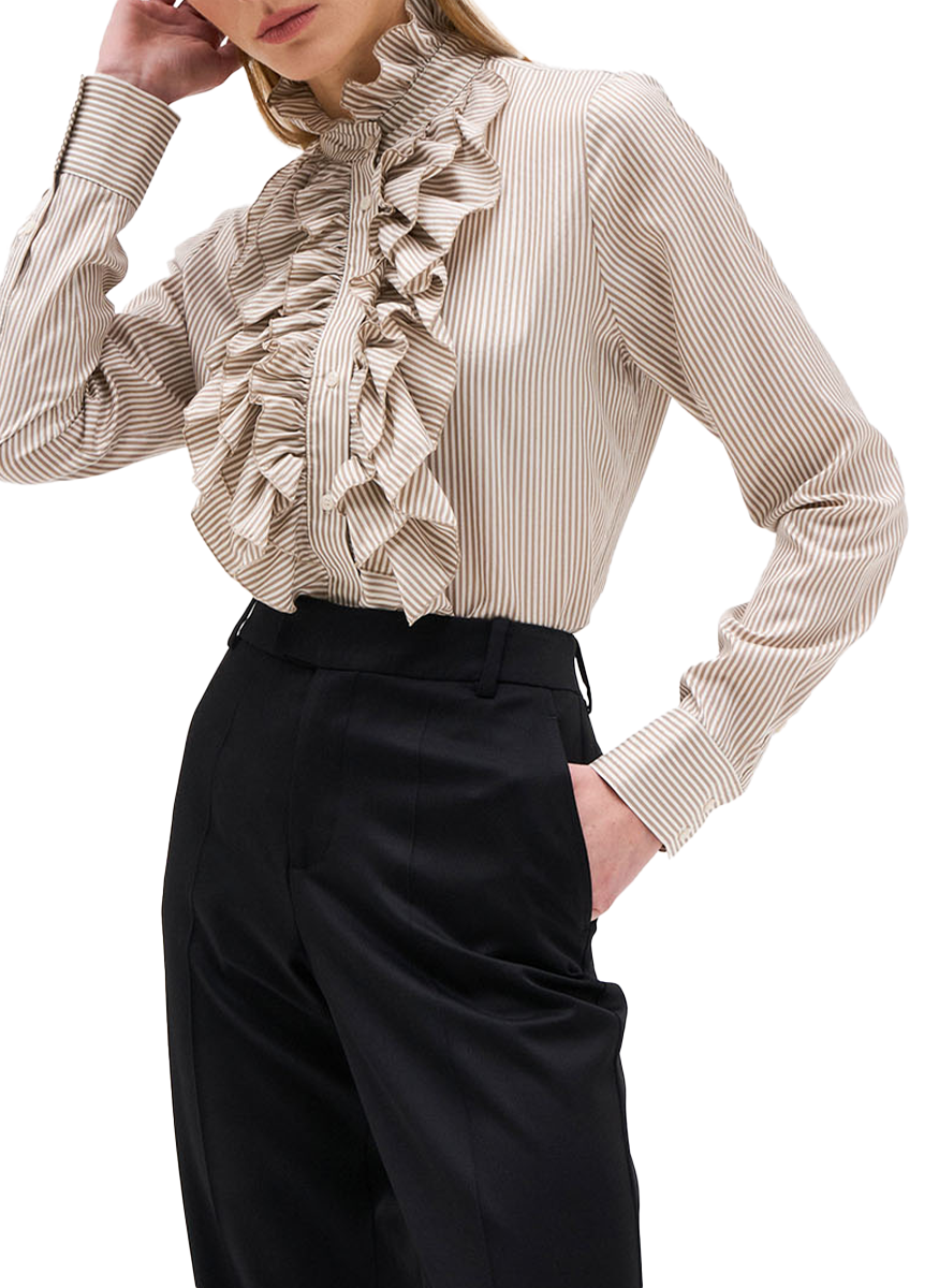Ivana Pinstripe Ruffle Front Blouse - DMN Paris