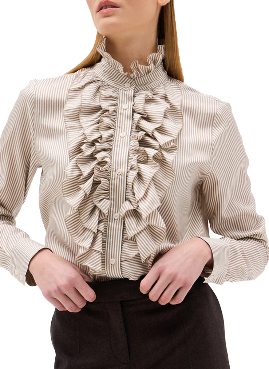 Ivana Pinstripe Ruffle Front Blouse - DMN Paris