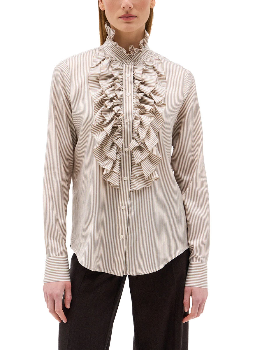 Ivana Pinstripe Ruffle Front Blouse