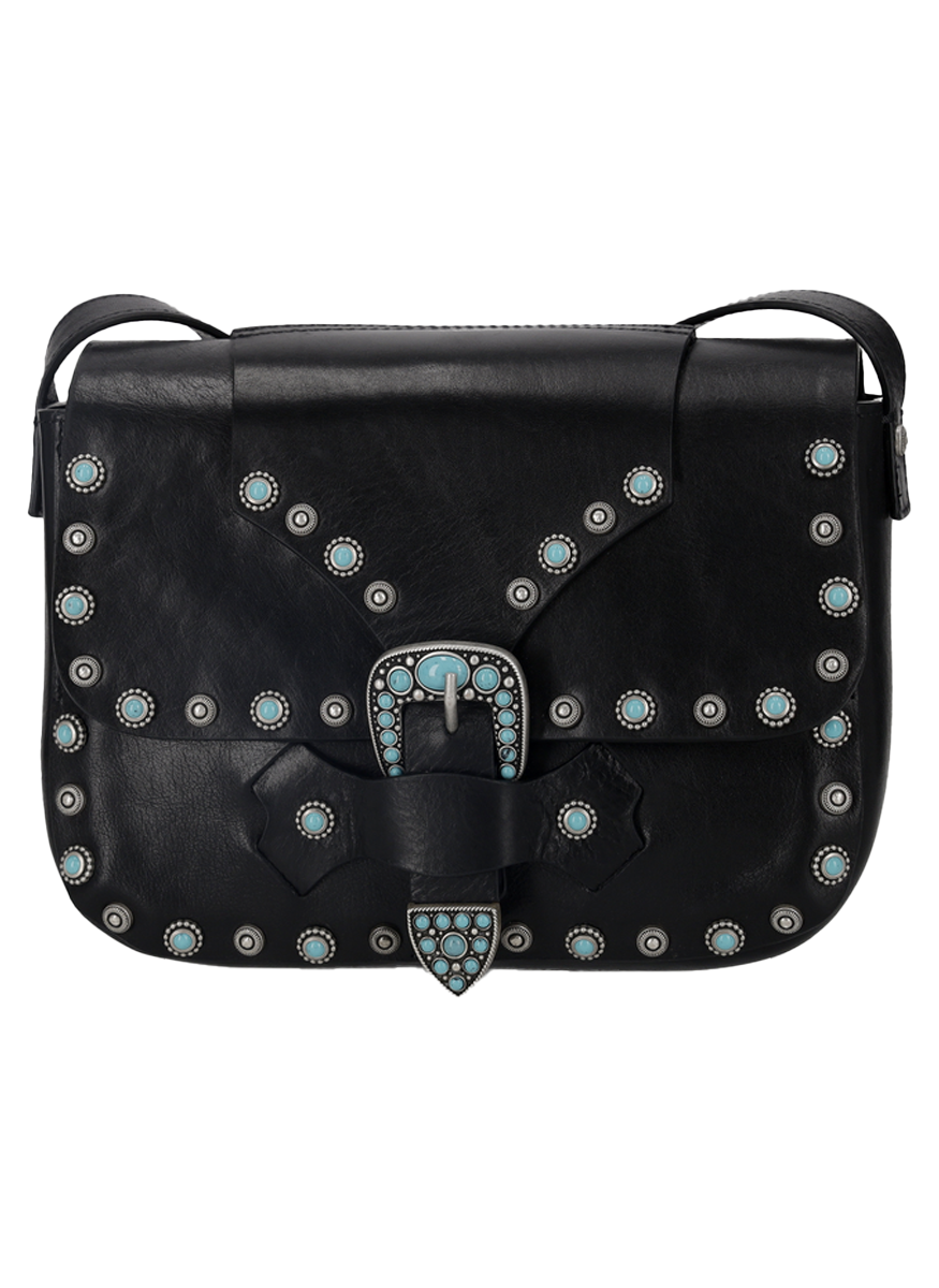Black Leather Crossbody Bag with Turquoise Detail