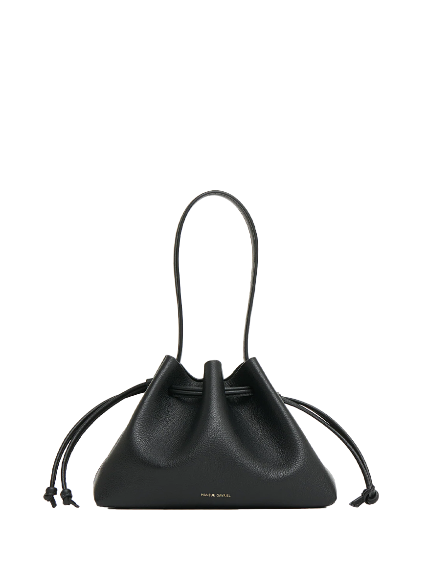 Drawstring Pouchette in Black Leather