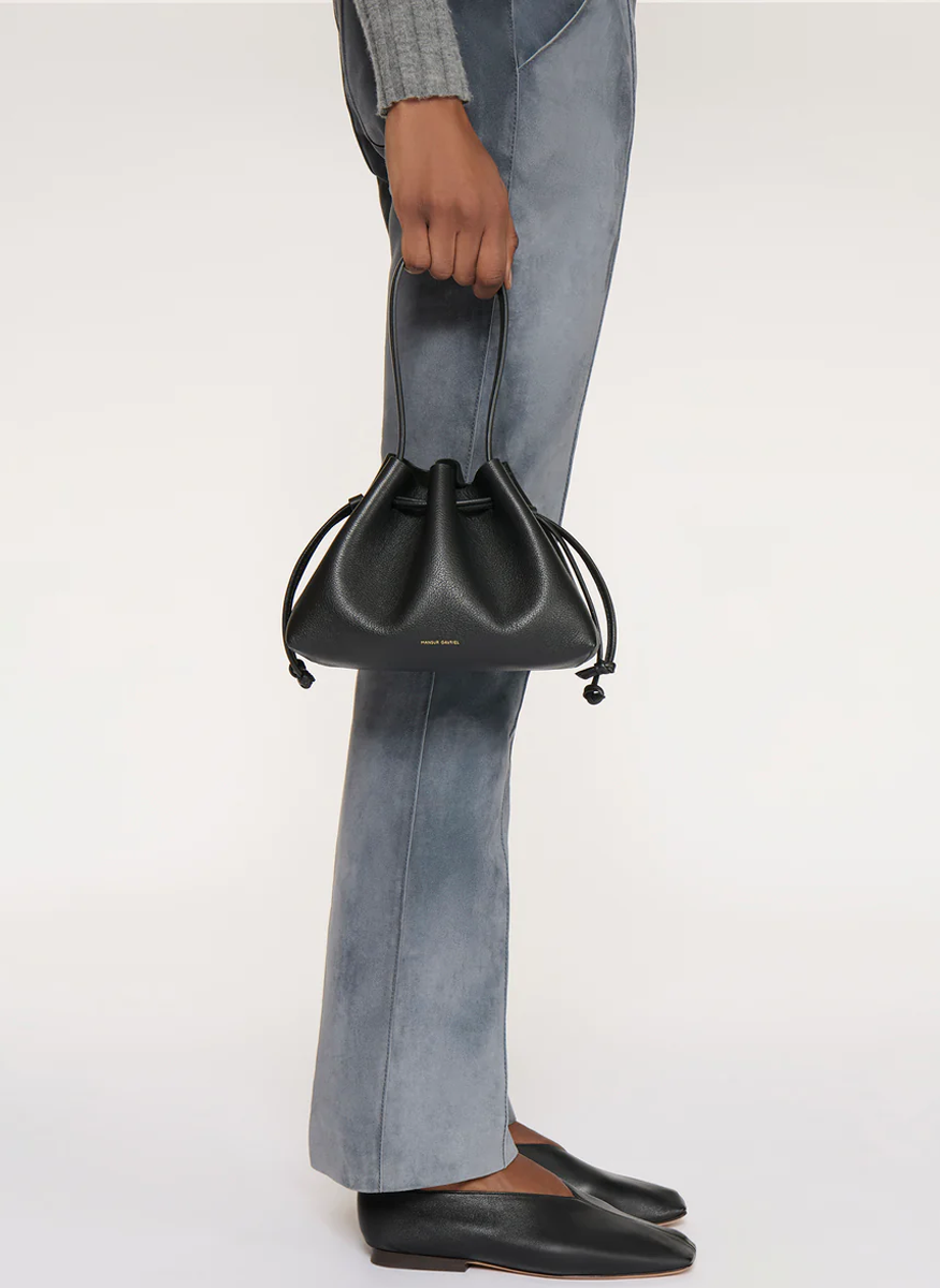 Drawstring Pouchette in Black Leather