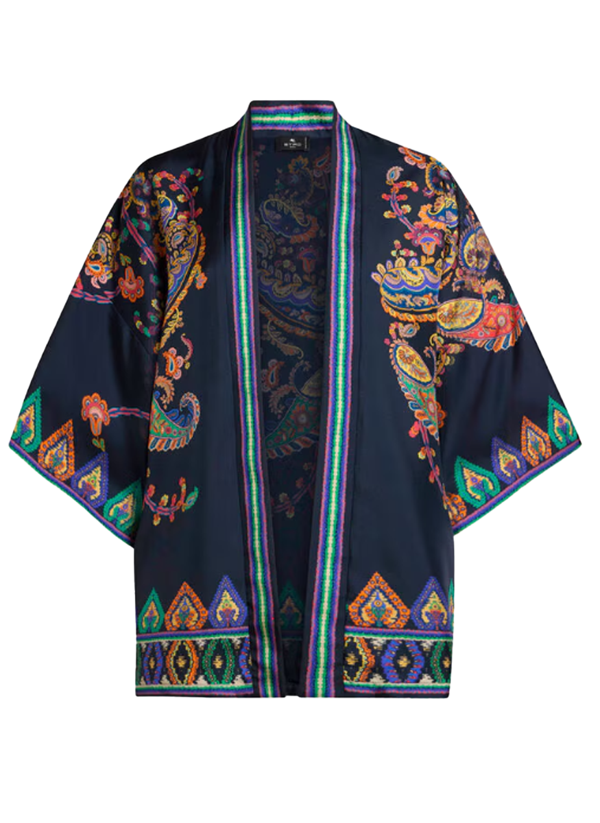 Silk Twill Kesa with Placed Floral Paisley Print