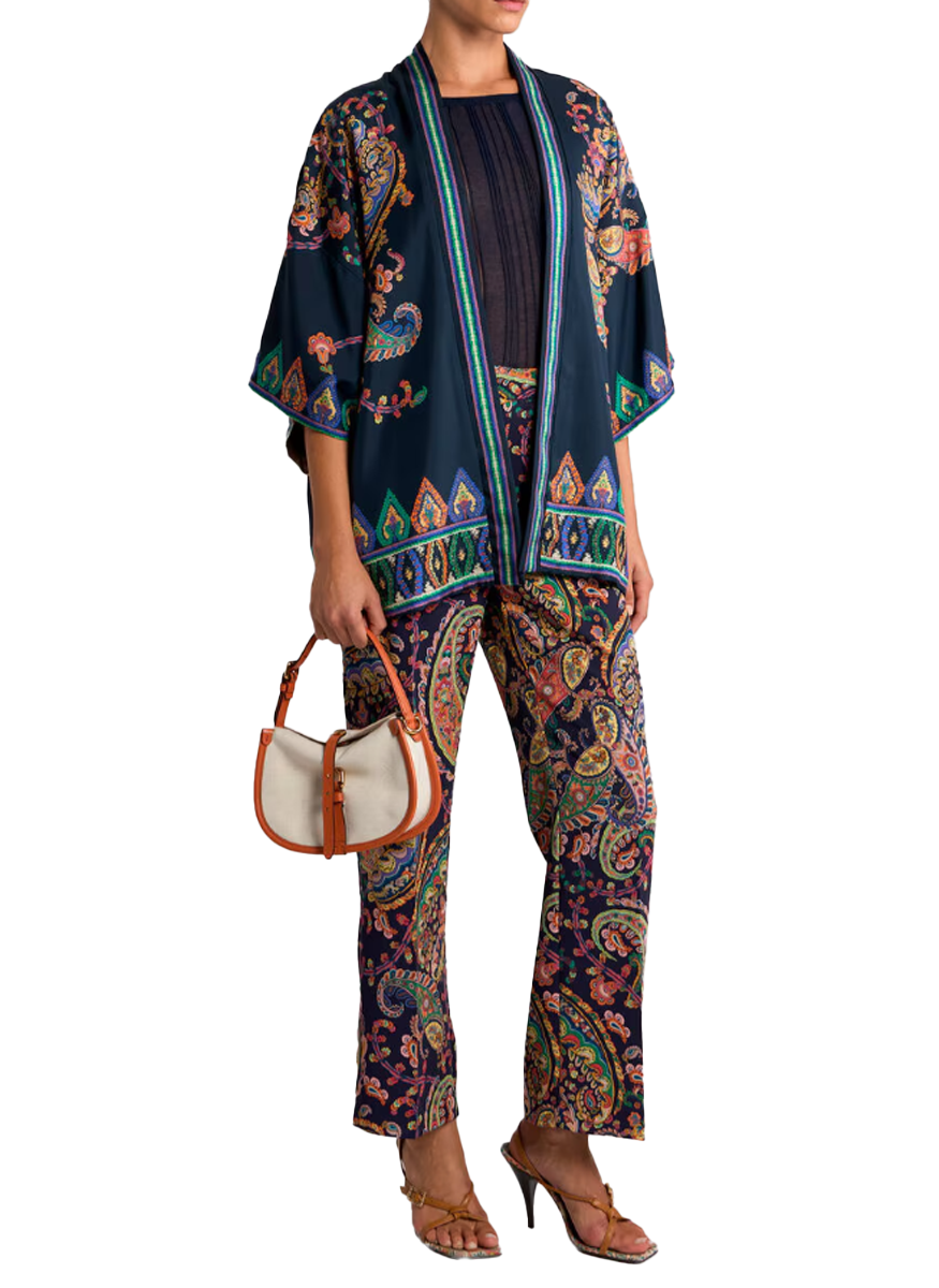 Silk Twill Kesa with Placed Floral Paisley Print