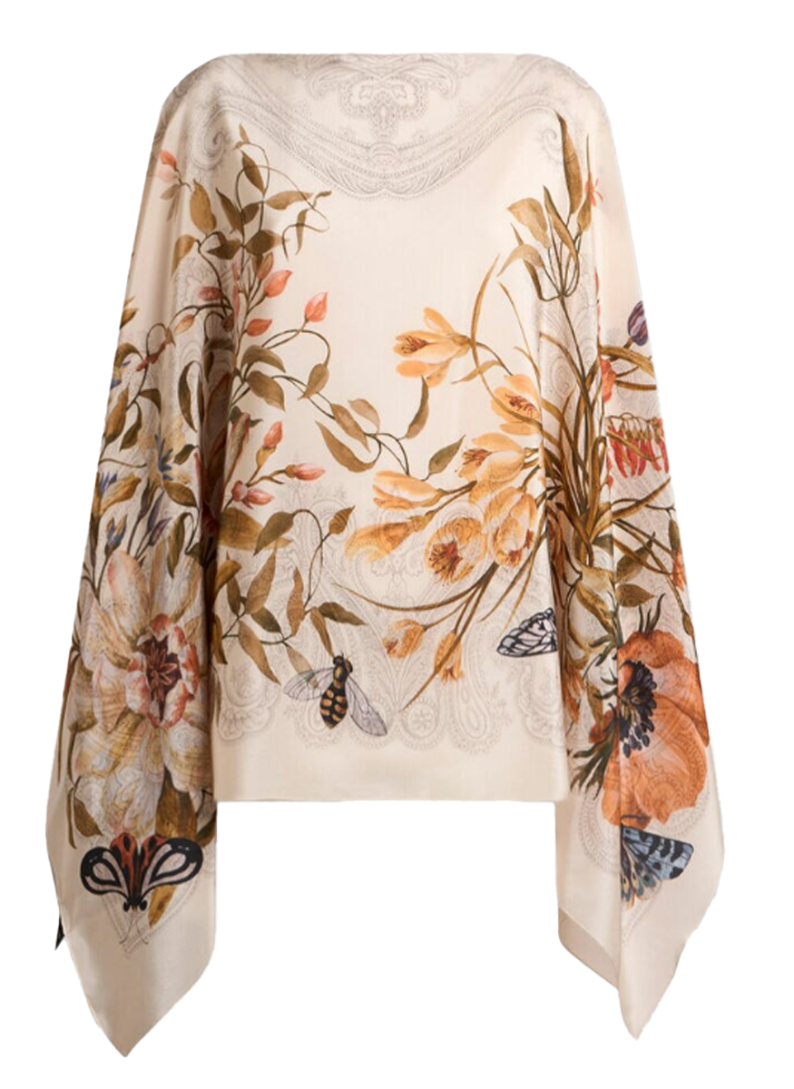 Silk Poncho Top with Placed Floral Print