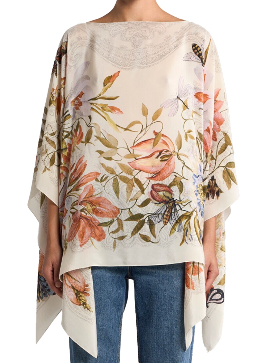 Silk Poncho Top with Placed Floral Print