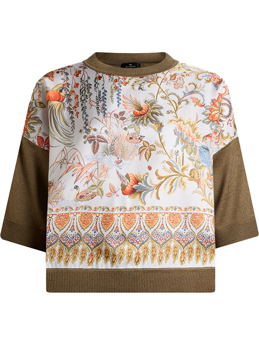 Floral Boxy Knit T-Shirt with Silk Front