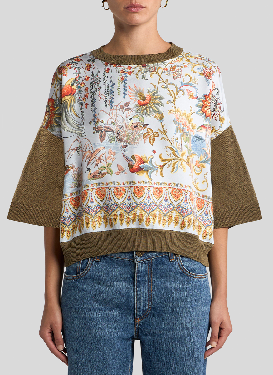Floral Boxy Knit T-Shirt with Silk Front