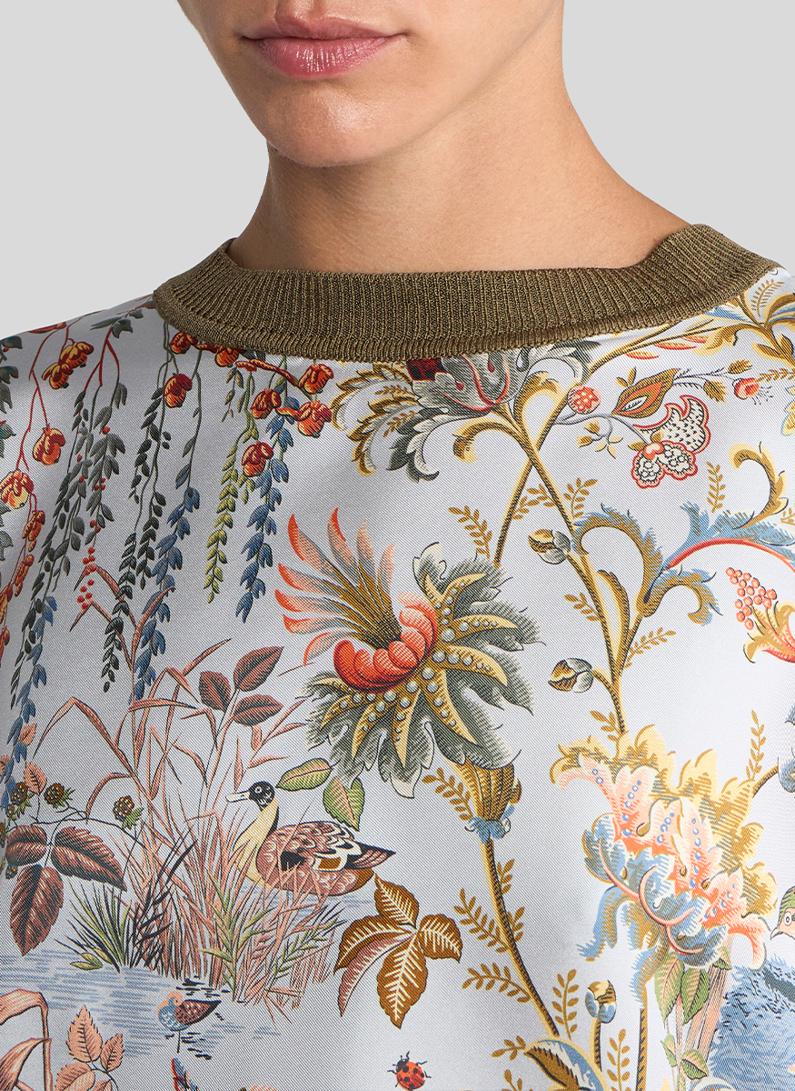 Floral Boxy Knit T-Shirt with Silk Front - ETRO