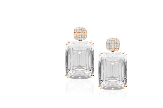 Gossip Cushion Rock Crystal Earrings, Yellow Gold