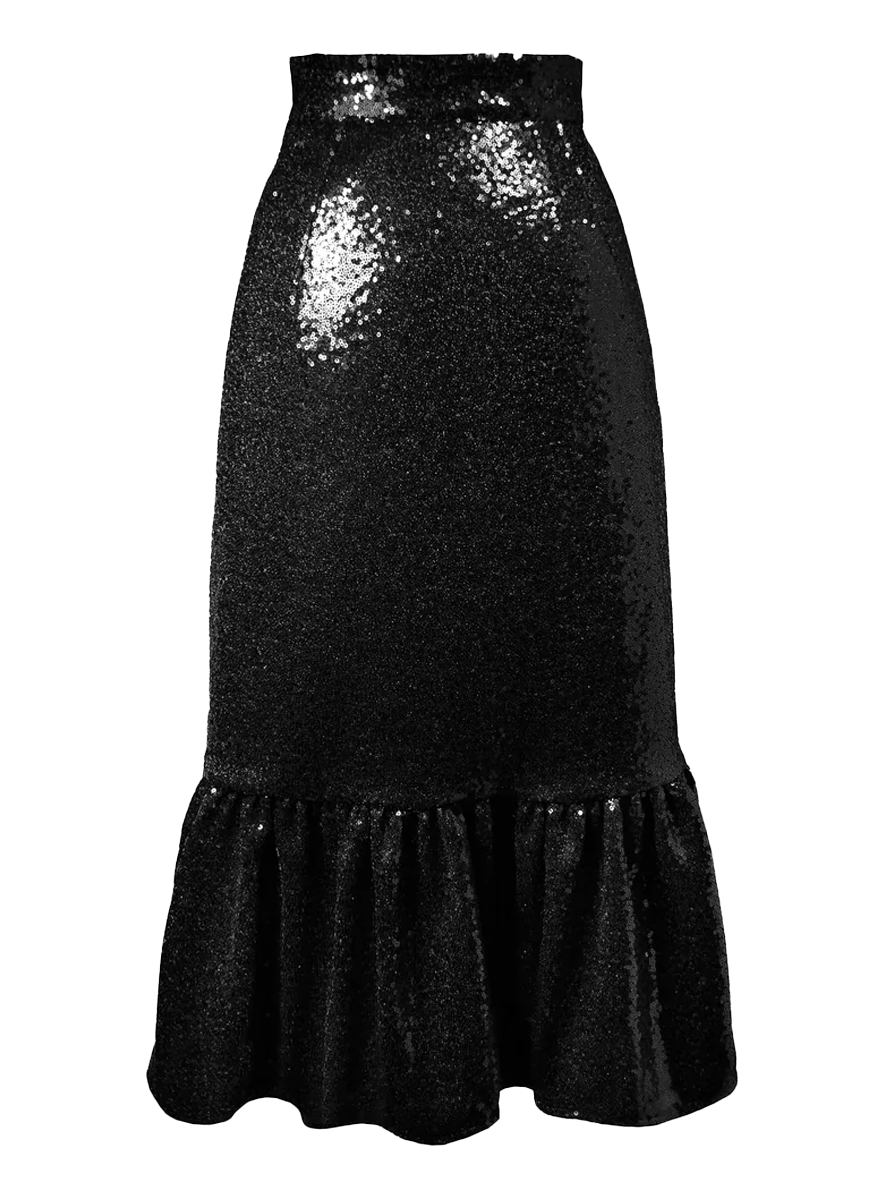 Yomi Ruffle Skirt in Black Sequin