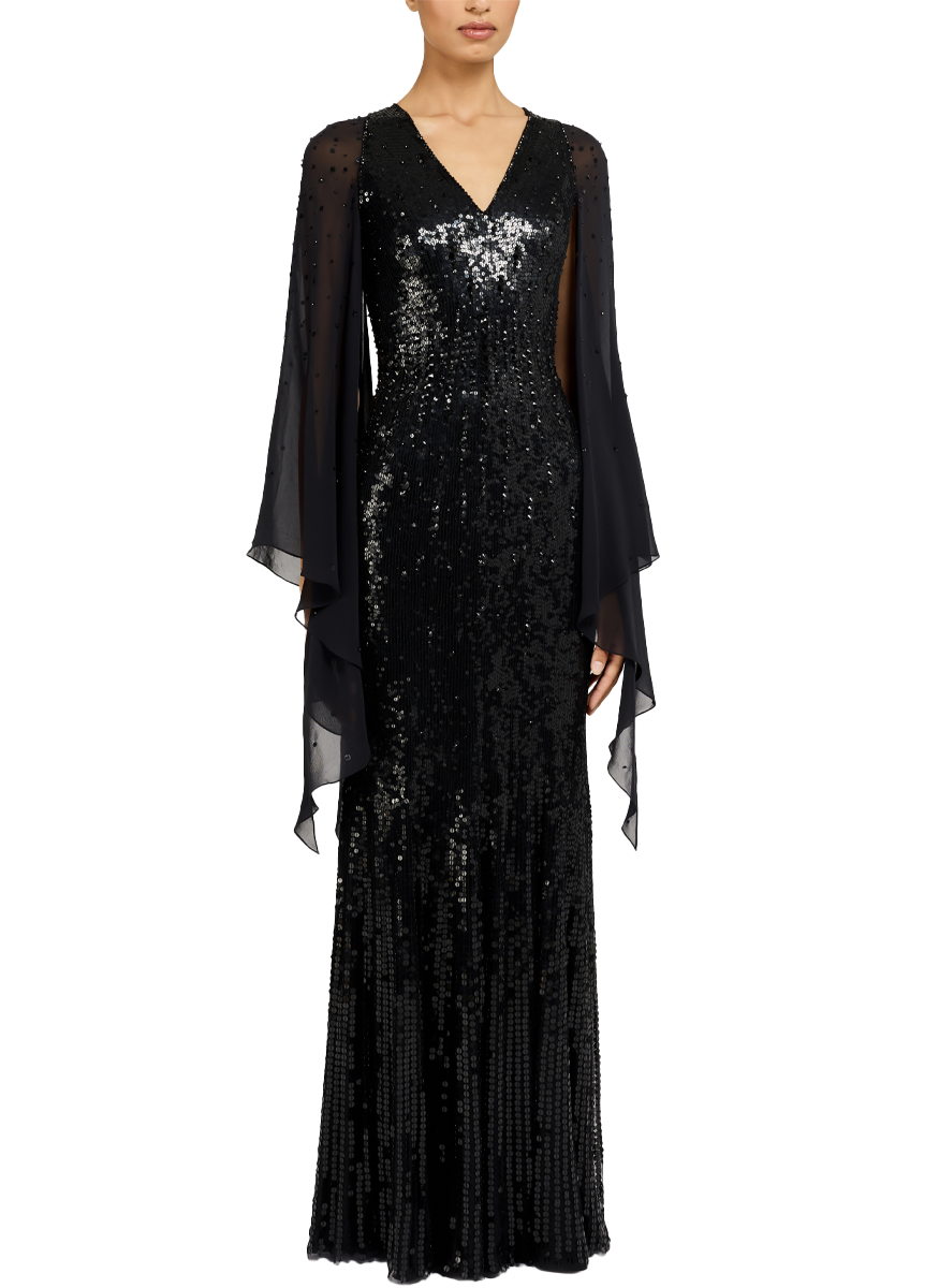 Lyrical V-Neck Gown with Chiffon Sleeves