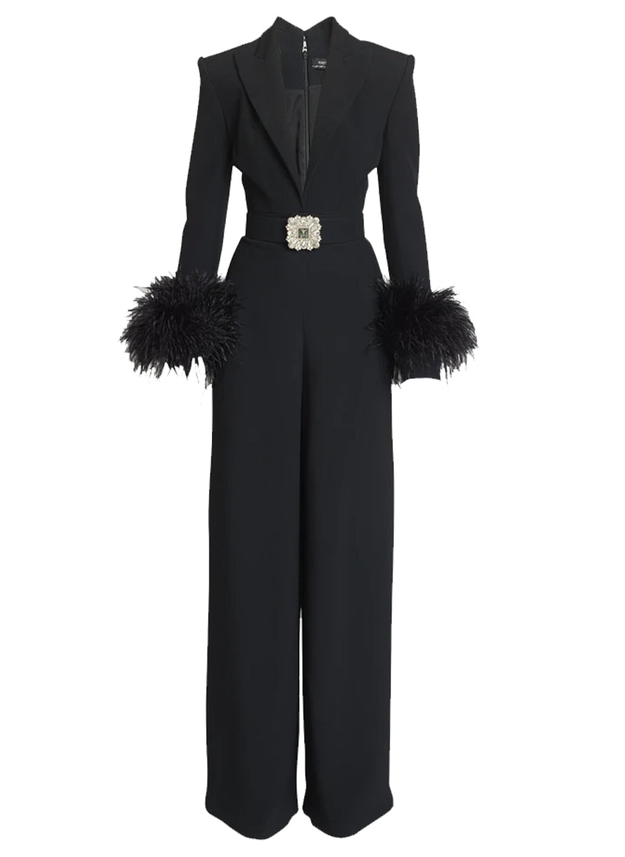 Crepe V-Neck Jumpsuit with Feather Cuffs