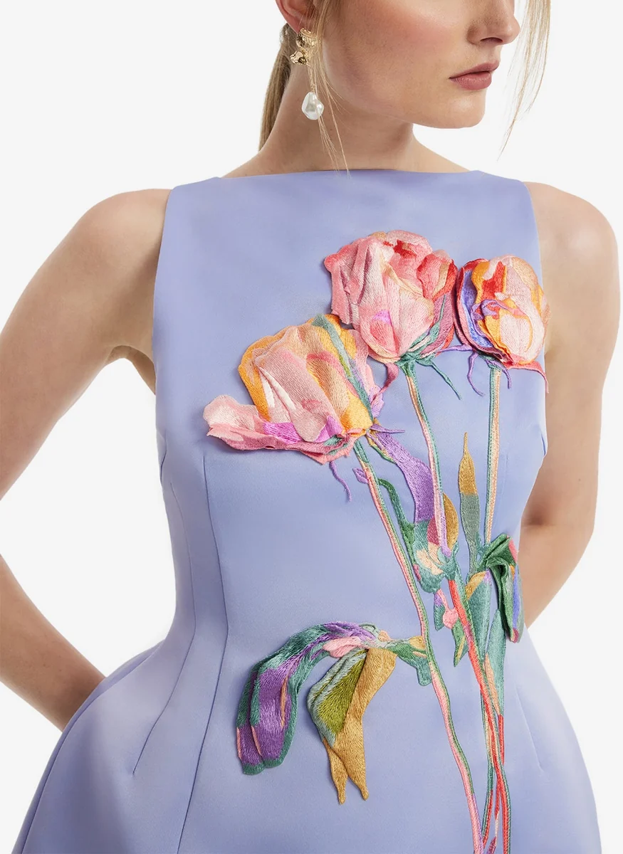 Ali Embroidered Boat Neck Mini Dress - Leo Lin