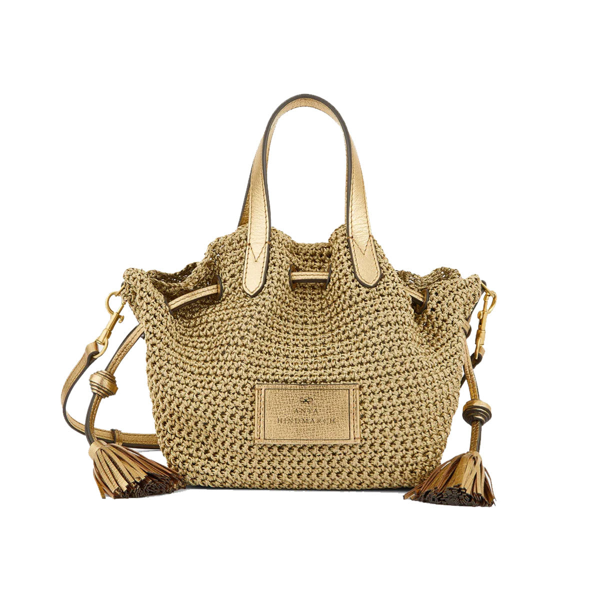 Lurex Drawstring Small Tote in Metallic Gold Leather - Anya Hindmarch