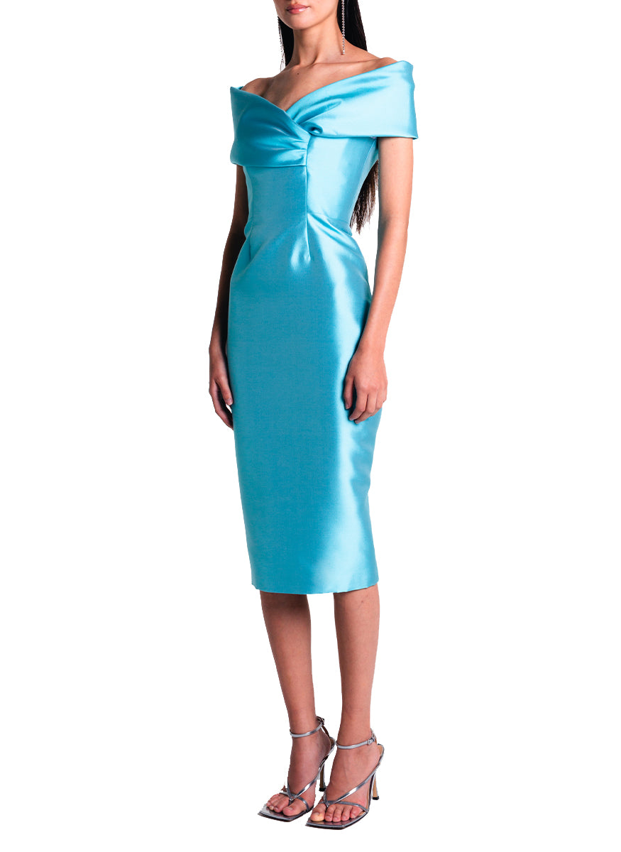 Margaret Off Shoulder Dress in Blue Silk Radzimir