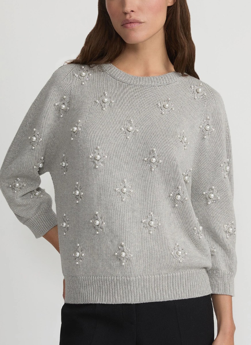 Hand-Beaded Cotton-Silk Tape Sweater