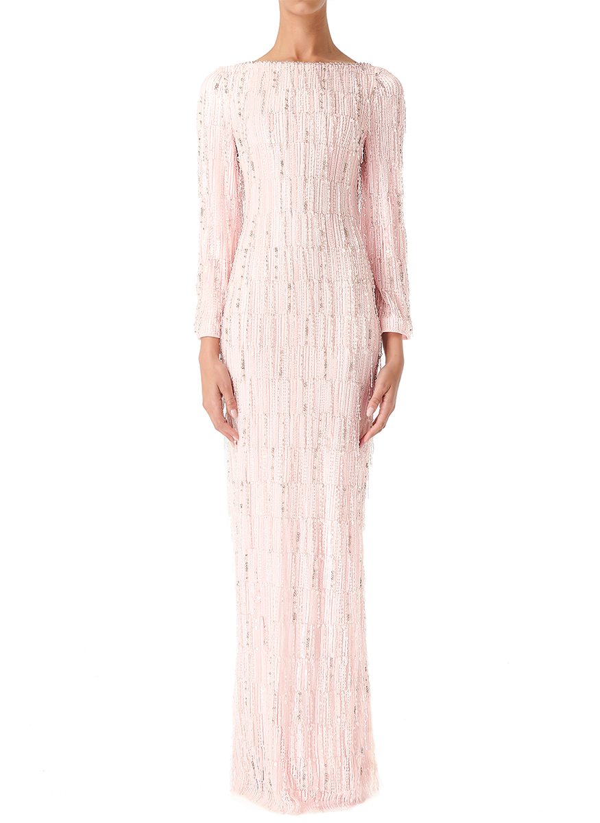 Eartha Bateau Neck Long Sleeve Beaded Gown