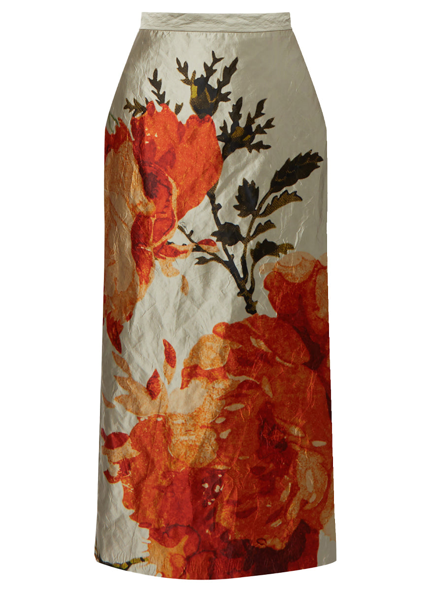 Floral Satin Pencil Midi Skirt