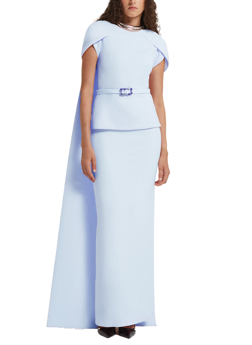 Erkin Short Sleeve Gown With Cape in Crepe