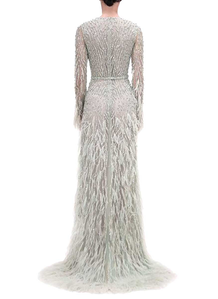 Embroidered Long Sleeve Gown With Feather