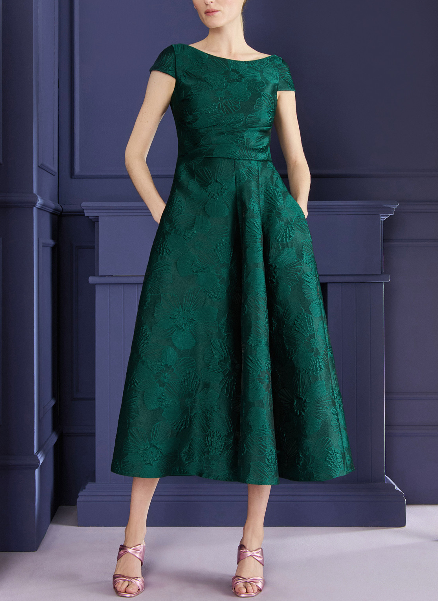 Anemone Jacquard Midi Dress in Cypress Green