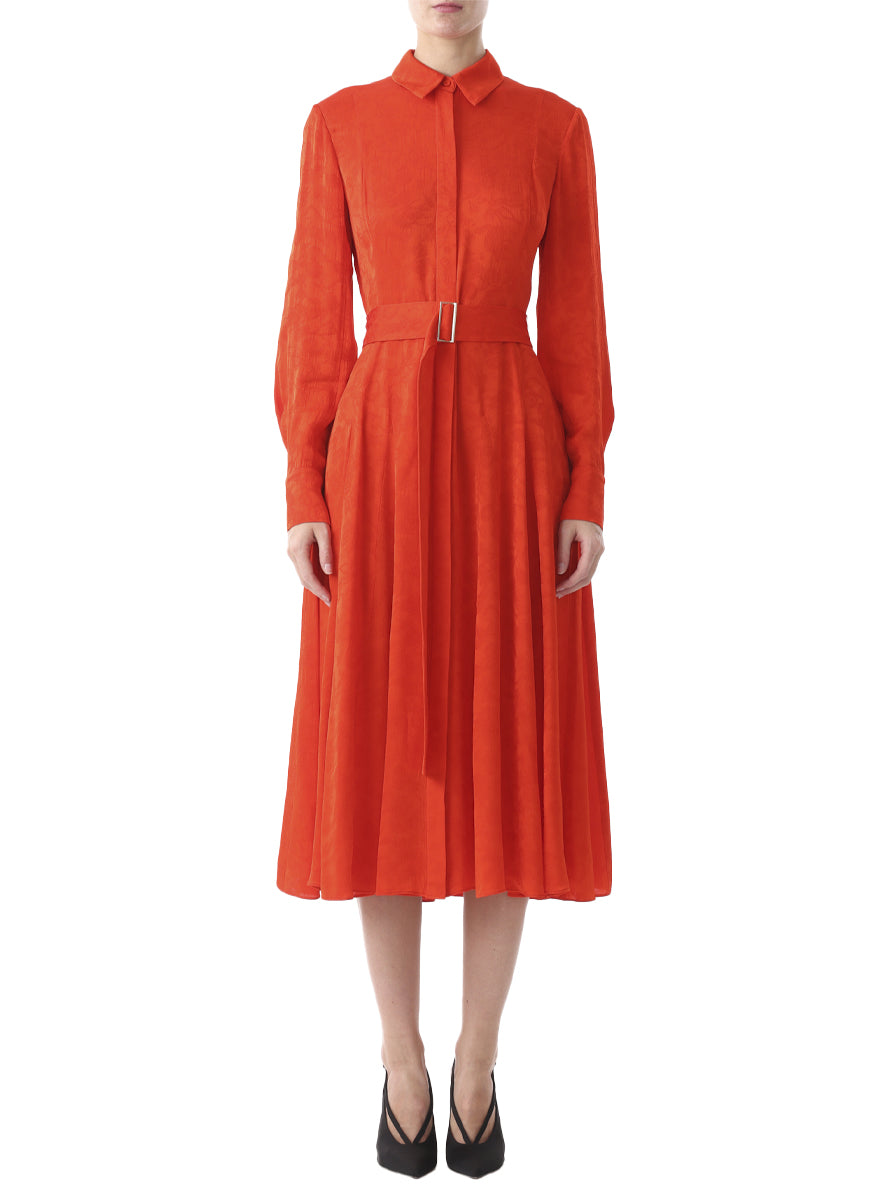 Long Sleeve Pleated Shirtdress With Belt