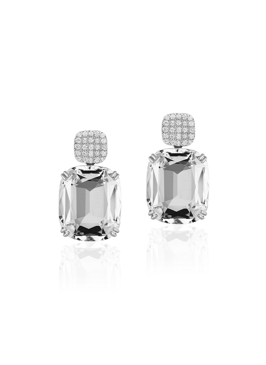 Gossip Cushion Rock Crystal Earrings, White Gold