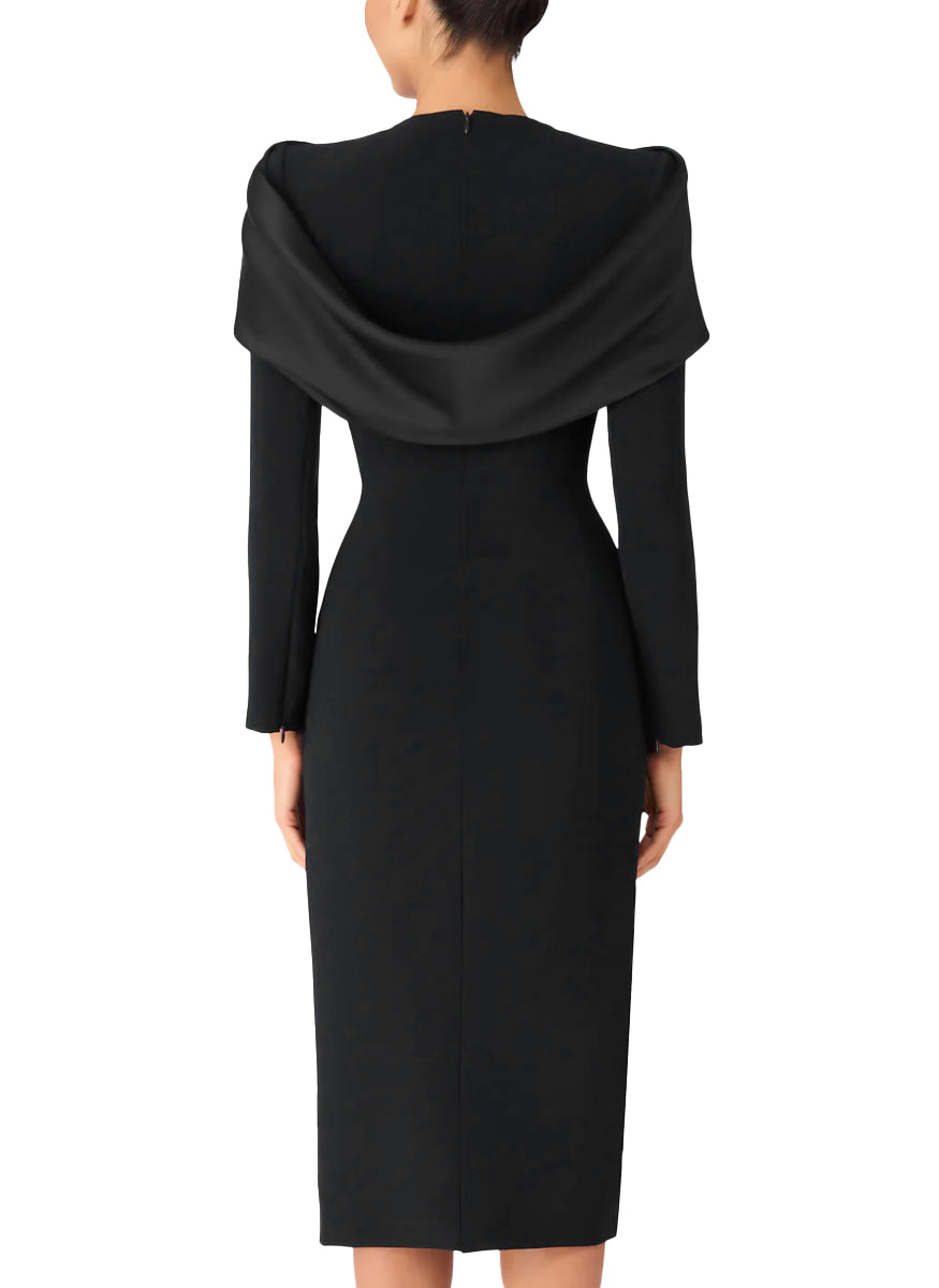 Penny Midi Dress with Satin Bow Collar in Liquorice Black - Jenny Packham