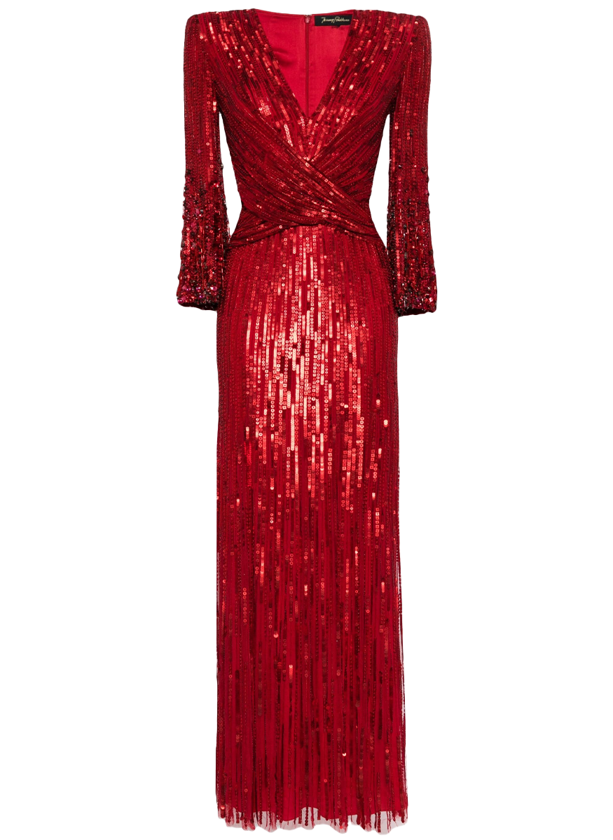 Cosmos V-Neck Sequin Gown with Sleeves - Jenny Packham