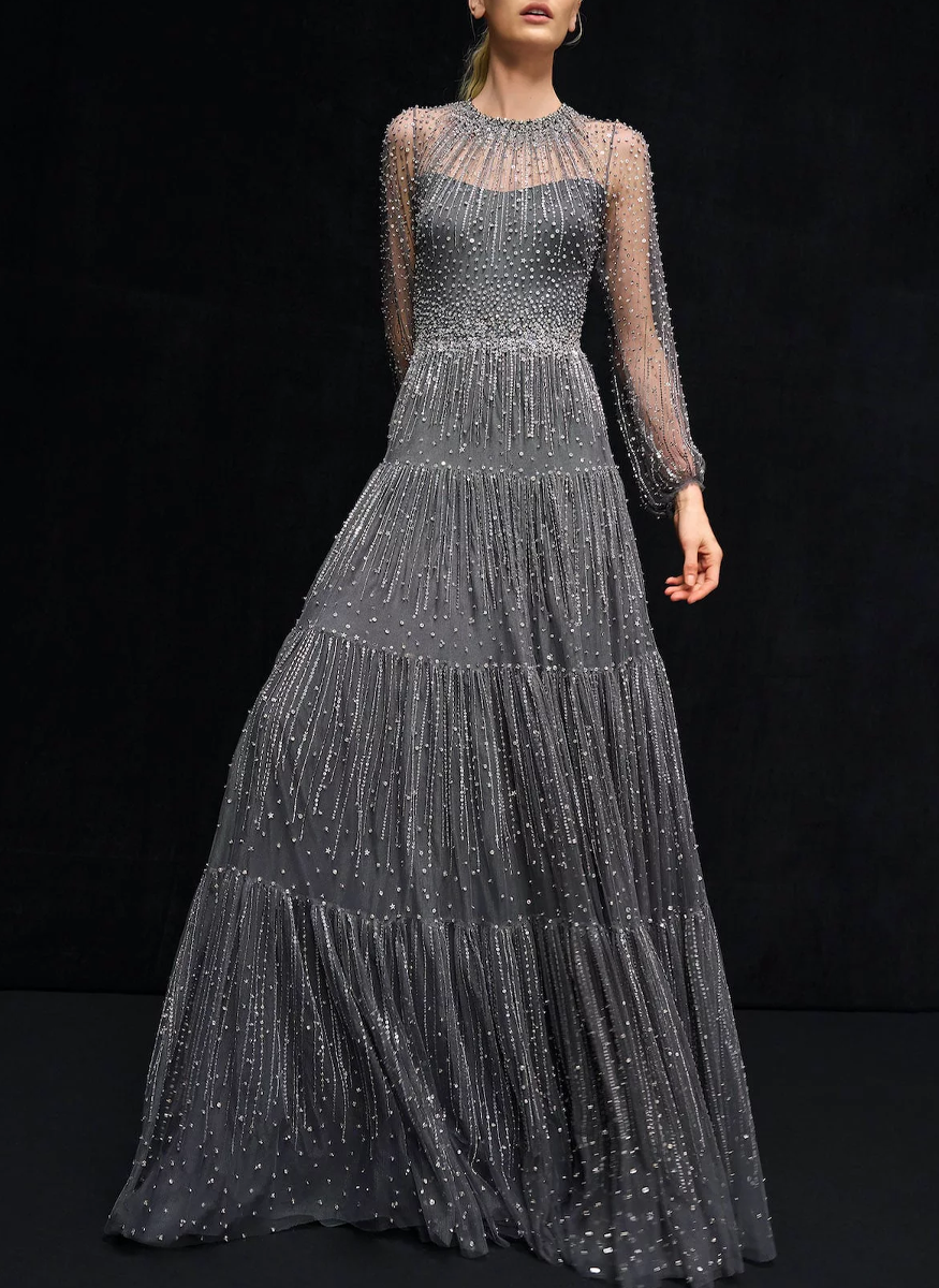 Solar Tiered Long Sleeve Beaded Gown