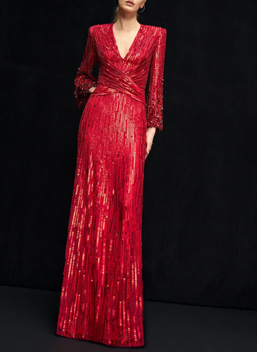 Cosmos V-Neck Sequin Gown with Sleeves