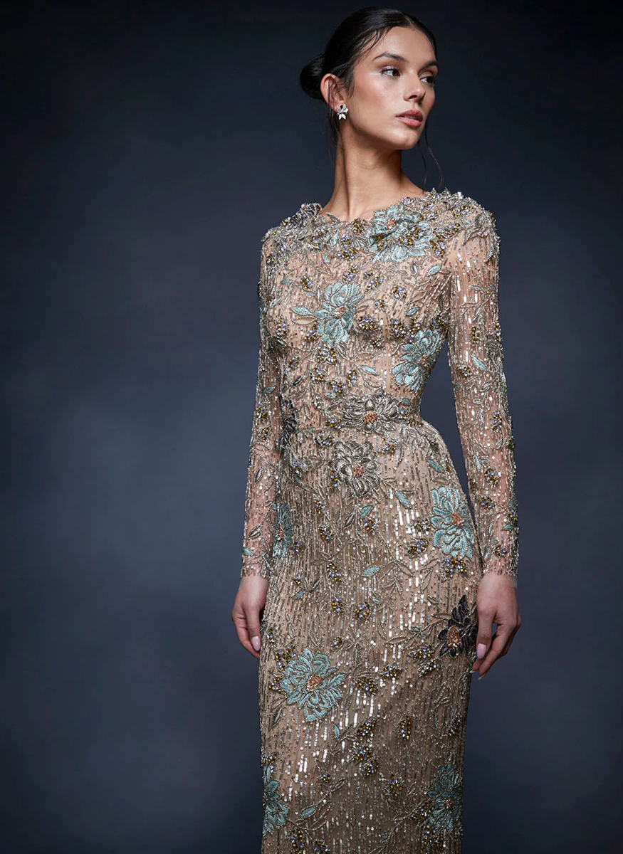 Sequin Threadwork Long Sleeve Gown