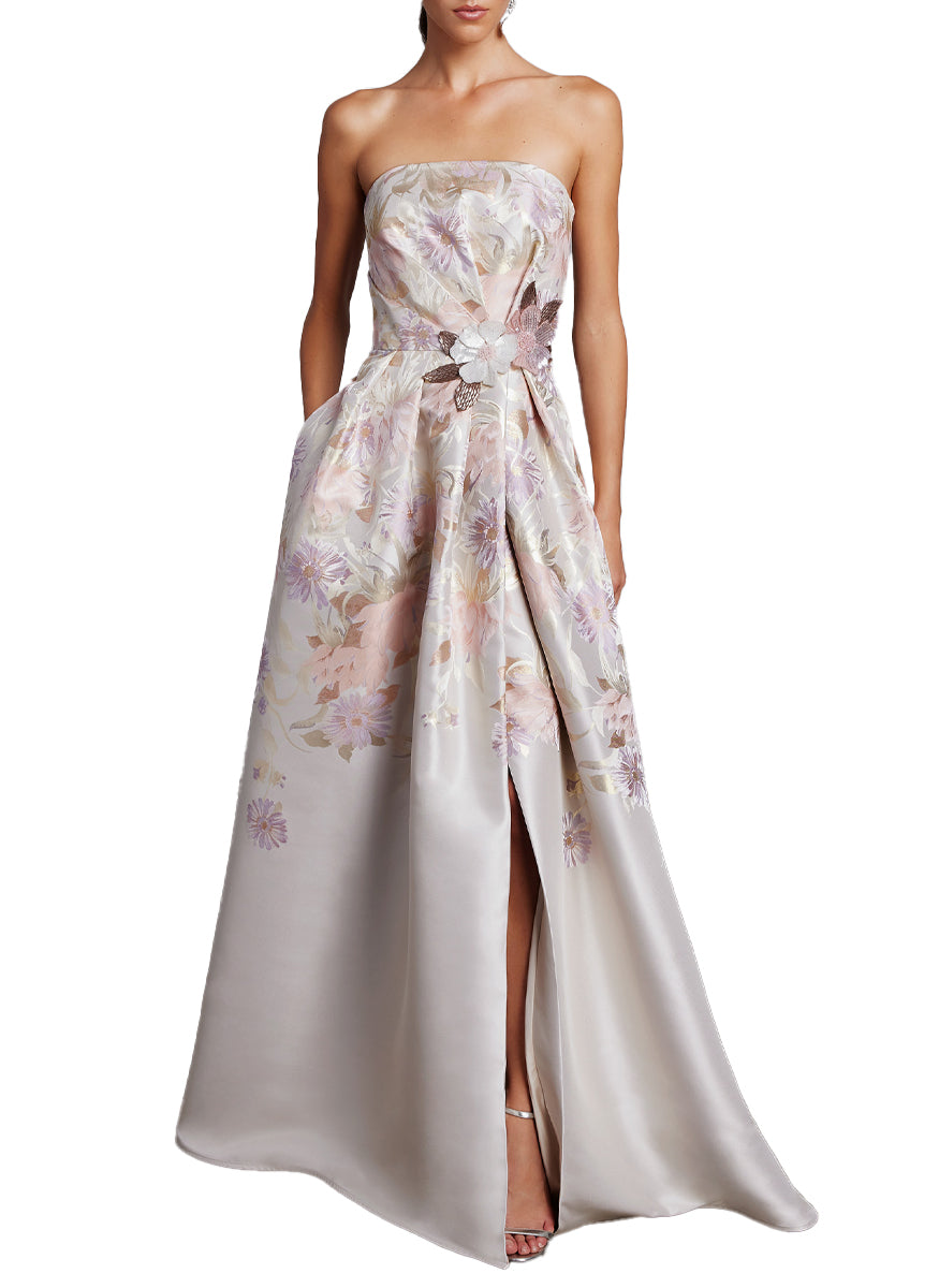 Strapless Floral Metallic Jacquard Gown