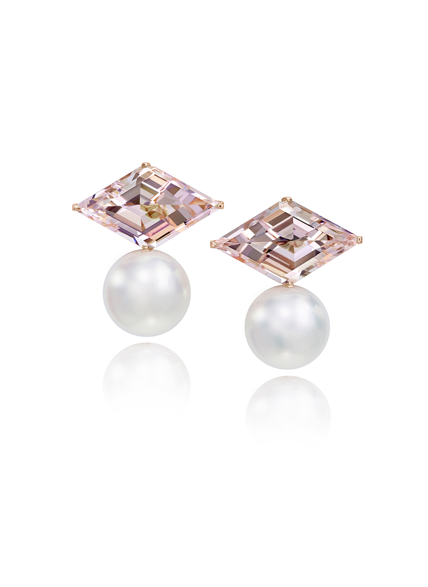 Morganite Rhombus and South Sea Pearl Earrings - Assael