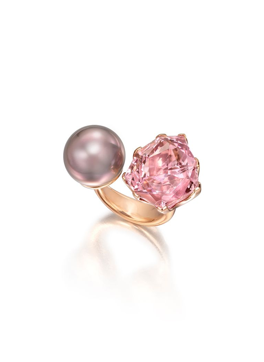 Fantasy-cut Morganite and Tahitian Pearl Ring