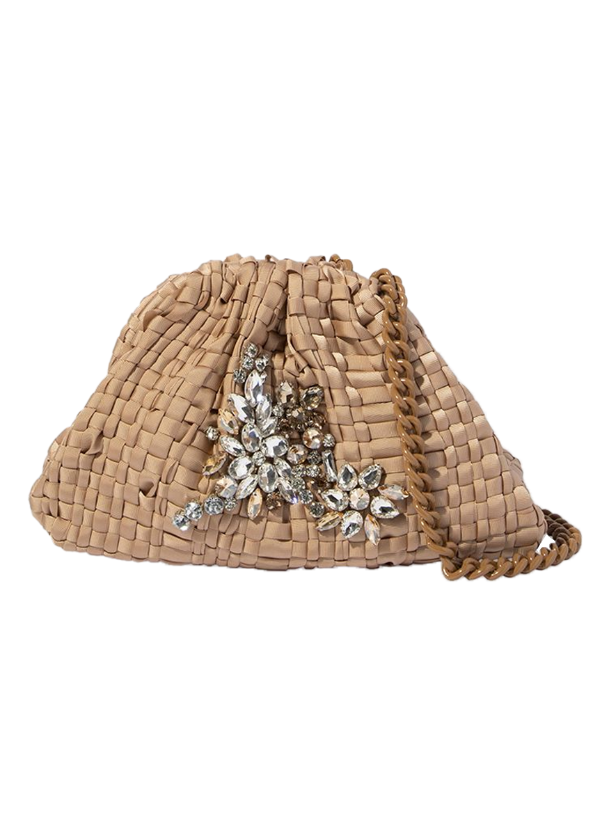 Crystal Mini Game Clutch in Woven Ribbon with Tonal Chain