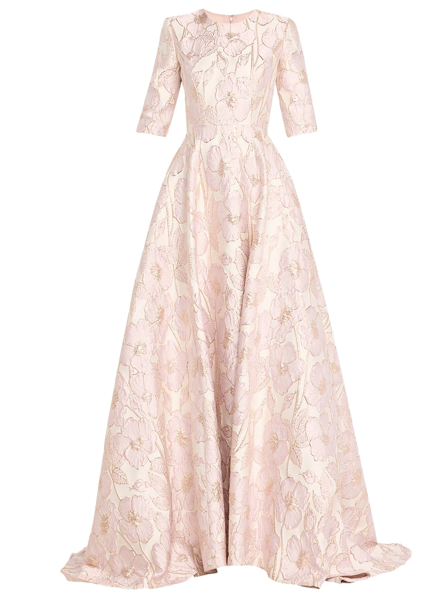 Floral Mikado Gown With 3/4 Sleeve