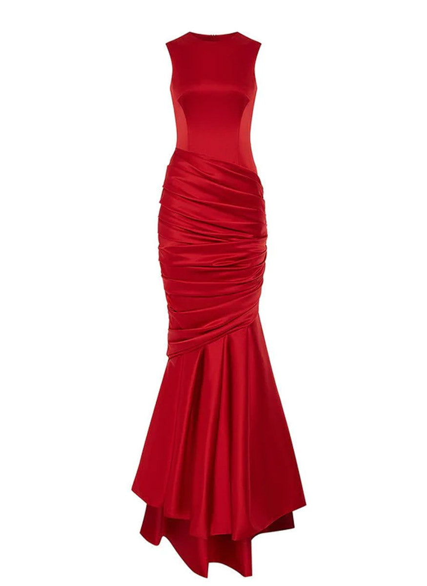 Satin Jewel Neck Gown with Train