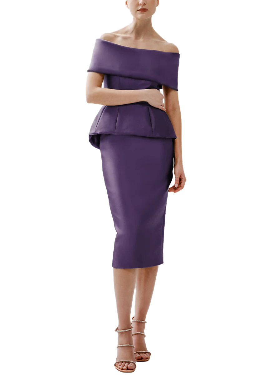 Roll Collar Corset Top and Slim Skirt in Amethyst Silk Faille