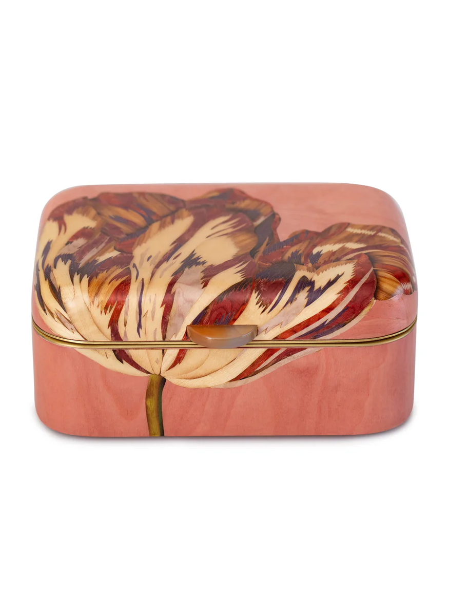 Bird and Leaf Red Square Marquetry Jewelry Box