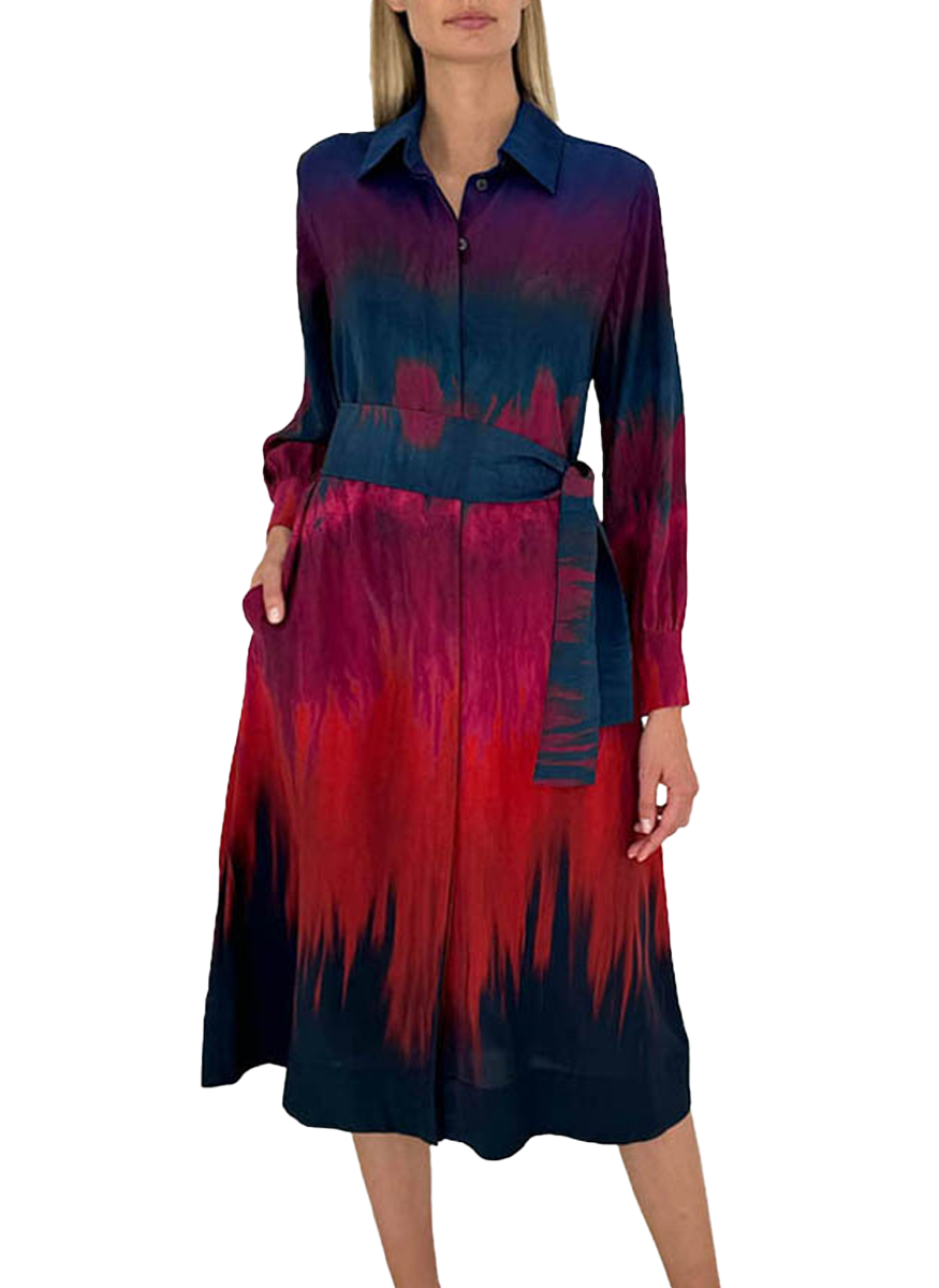 Tie Dye Silk Shirt Dress with Belt Print