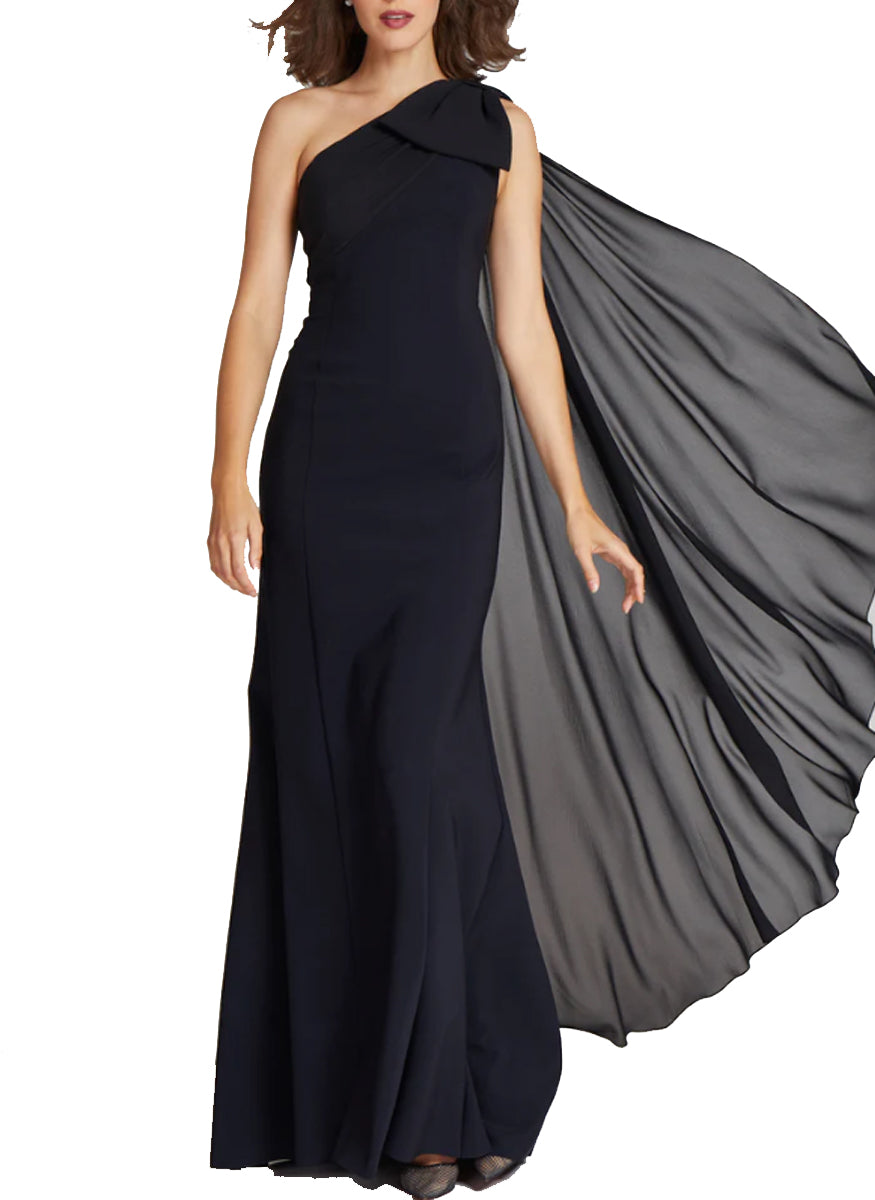 One Shoulder Scuba Gown With Chiffon Cape