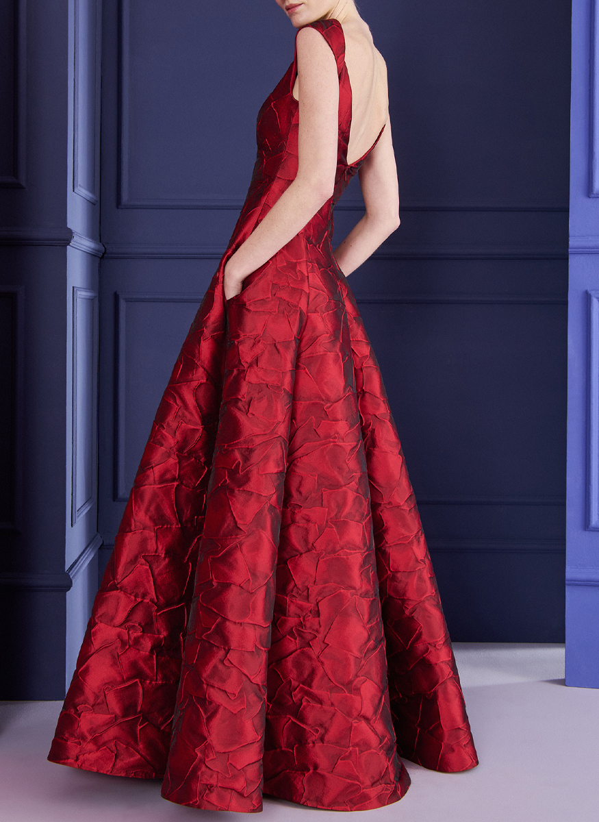 V-Back Jacquard Gown in Scarlet Red