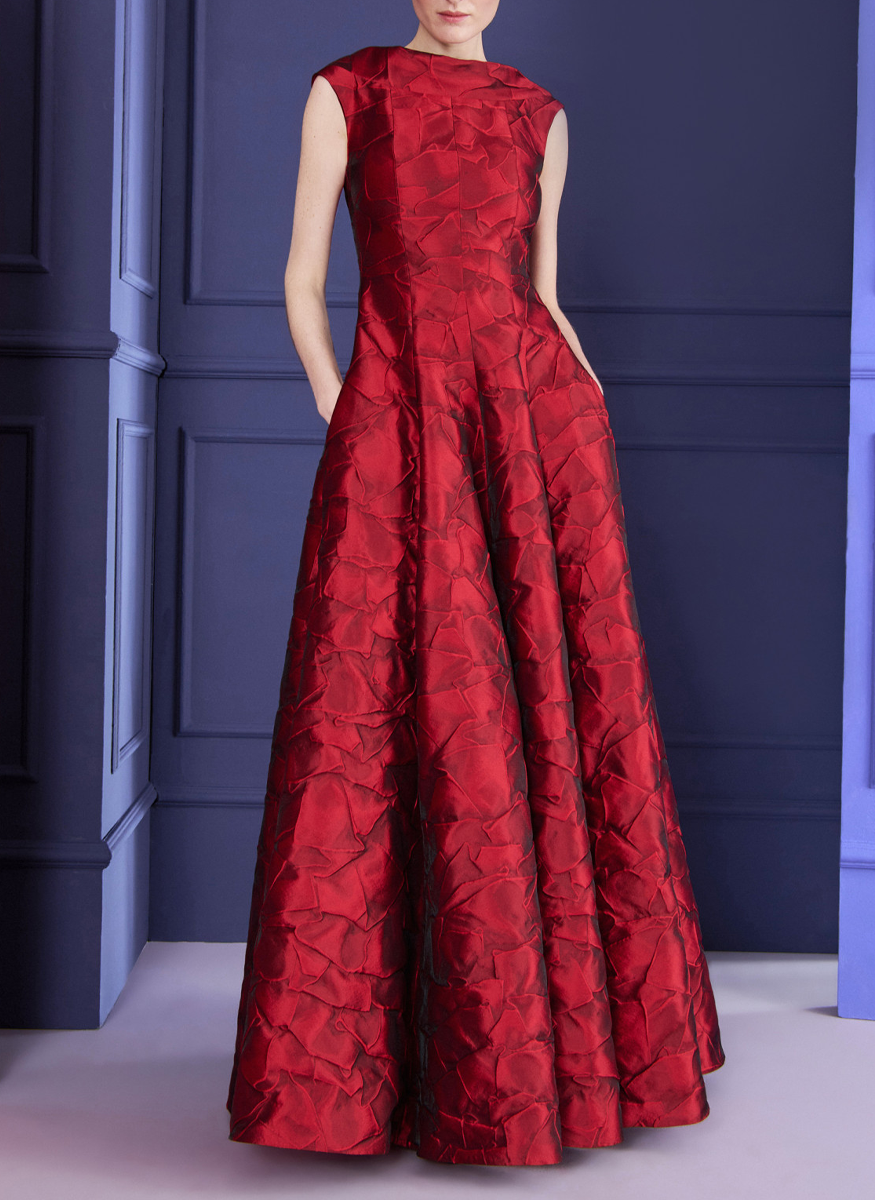 V-Back Jacquard Gown in Scarlet Red